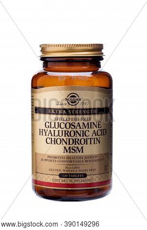 Odessa, Ukraine - October 16, 2020: Glass Bottle Solgar Dietary Supplement Chondroprotector For Vege