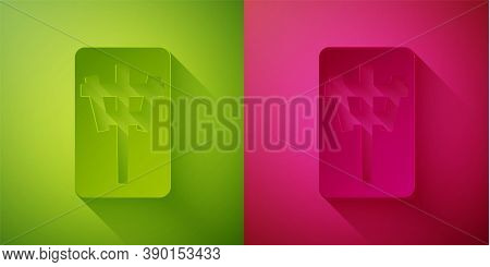 Paper Cut Mahjong Pieces Icon Isolated On Green And Pink Background. Chinese Mahjong Red Dragon Game