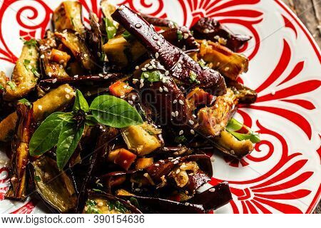 Vegetable Spicy Stew Of Eggplant In Korean Style With Paprika, Onion And Garlic. Closeup, Food Recip