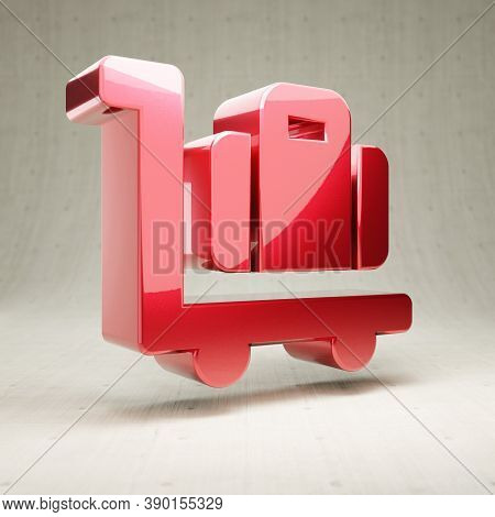 Luggage Cart Icon. Gold Glossy Luggage Cart Symbol Isolated On White Concrete Background. Modern Ico