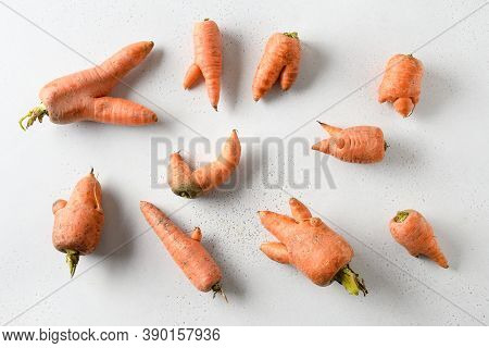 Abnormal Ugly Organic Carrots On White Background. View From Above.