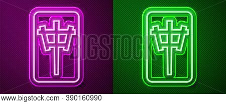 Glowing Neon Line Mahjong Pieces Icon Isolated On Purple And Green Background. Chinese Mahjong Red D