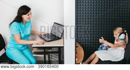 An Audiologist Performs A Hearing Test To A Little Girl Patient Using An Audiometer In A Special Hea