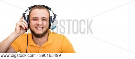 Positive Man Caucasian Race Getting A Hearing Test, Audiometer Hearing Test. Isolated On White Backg