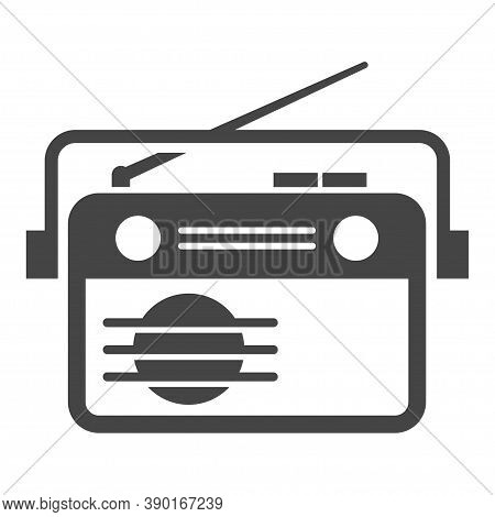 Radio With Antenna And Handle, Retro Receiver Bold Black Silhouette Icon Isolated On White.