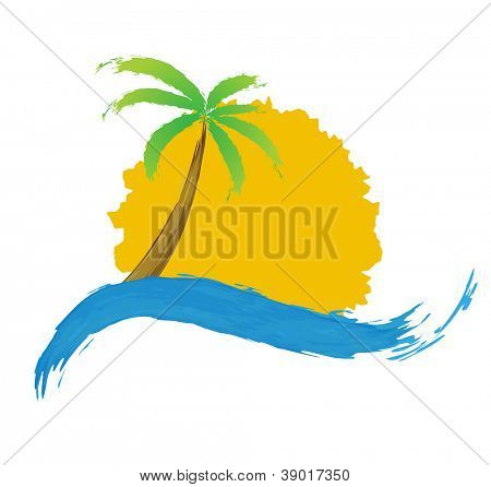 Tropisk palme på øen med havet. Vektor logo.