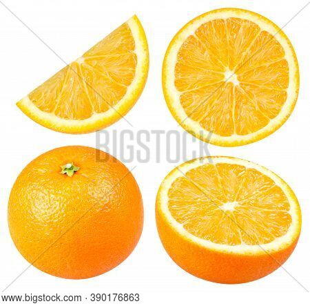 Isolated Oranges. Collection Of Whole And Sliced Orange Fruits Isolated On White Background With Cli