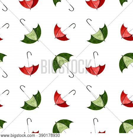 Seamless Pattern With Umbellas On White Background. Watercolor Illustration
