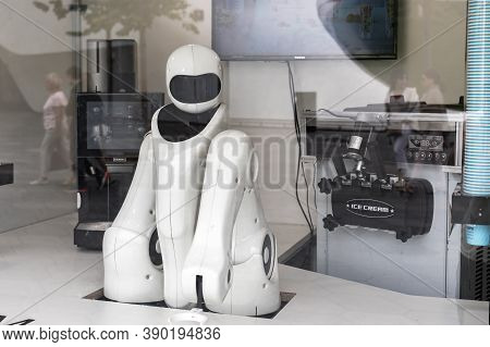 Moscow, Russia - August 24, 2020: Robot Seller Of Ice Cream. Automated Kiosk Selling Cold Milk Ice C