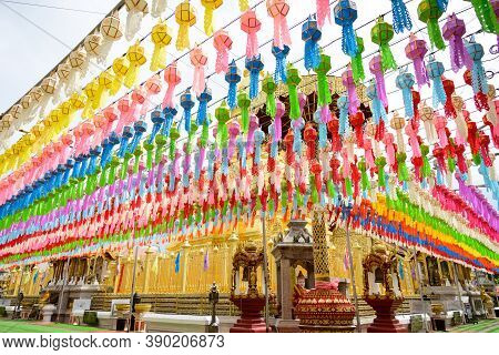 Colorful Paper Lanterns Hanging For Worship Of Buddha In Wat Phra That Hariphunchai, Lamphun. Lanter