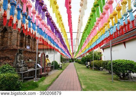 Colorful Paper Lanterns Hanging For Worship Of Buddha In Wat Phra That Hariphunchai, Lamphun. Lanter