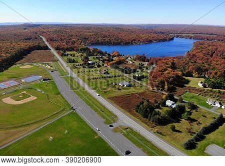 The Aerial View Of The Stunning Fall Foliage And The Bear Creek Lake On Route 903 By Jim Thorpe, Pen