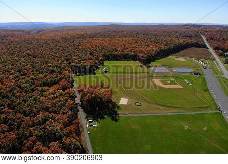 The Aerial View Of The Stunning Fall Foliage And The Baseball Field On Route 903 By Jim Thorpe, Penn