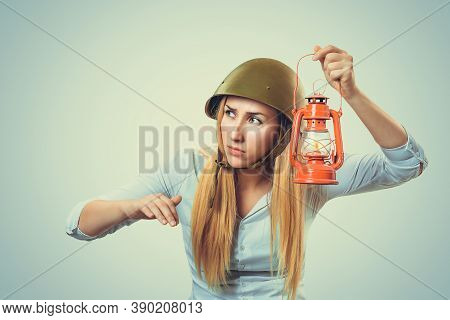 Woman In Military Armor Cap Equipment Of World War Ii Period Holding Gaslight Searching For Friends 