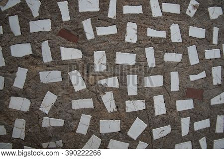 Background Of Concrete And Pieces Of Ceramic Tiles. Texture, Background.
