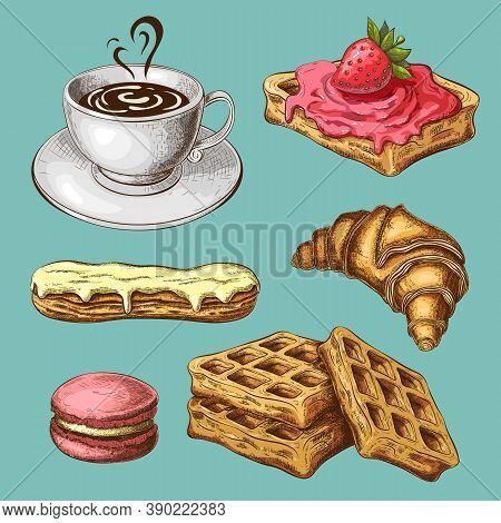 Pastry With Coffee Clipart. Color Sketch Of Sweet Breakfast Isolated. Drawn Sweet Pastries With Coff