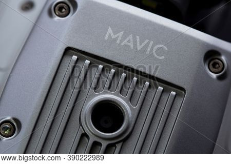 Belgorod, Russia - NOV 17, 2020: Bottom side of the drone Mavic air 2 with the logo and lettering. 