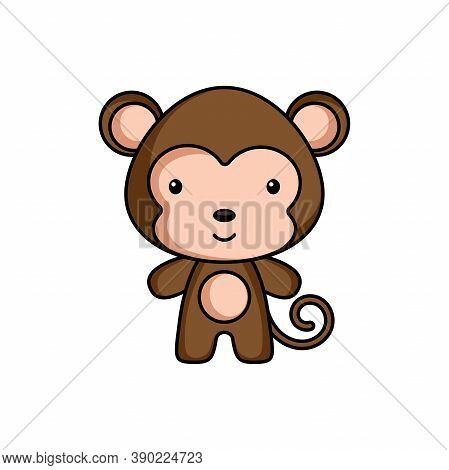 Cute Cartoon Monkey Logo Template On White Background. Mascot Animal Character Design Of Album, Scra