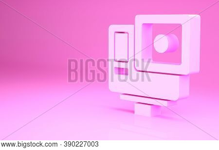 Pink Action Extreme Camera Icon Isolated On Pink Background. Video Camera Equipment For Filming Extr