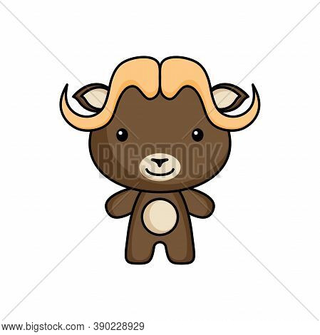 Cute Cartoon Musk Ox Logo Template On White Background. Mascot Animal Character Design Of Album, Scr
