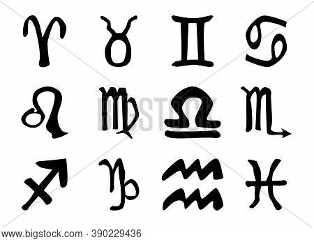 A Collection Of The Twelve Astrology Sun Signs Isolated On White.