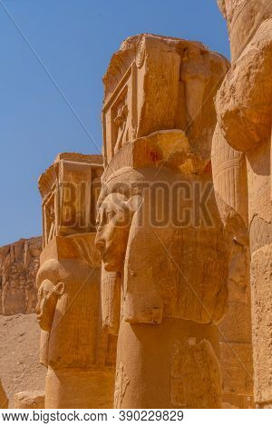 Historical Sculptures On The Pillars Of The Hatshepsut Funerary Temple In Luxor. Egypt