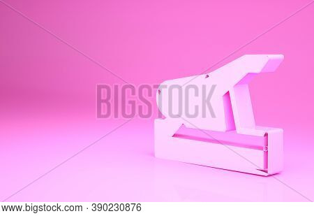 Pink Spanish Jamon On The Wooden Jamonera Icon Isolated On Pink Background. Minimalism Concept. 3d I