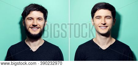 Collage Portraits Of Young Smiling Man; Before And After Shaved. Background Of Aqua Menthe Color.
