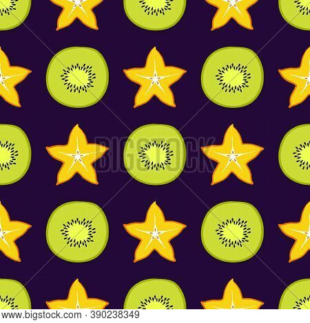 Vector Tropical Seamless Pattern With Kiwi And Carambole Sliced Fruit. Trendy Summer Design For Text