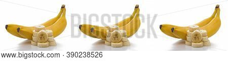 Ripe Bananas And Banana Slices Isolated On White Background