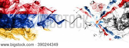 Armenia Vs Assyria Smoky Mystic Flags Placed Side By Side. Thick Colored Silky Abstract Smoke Flags