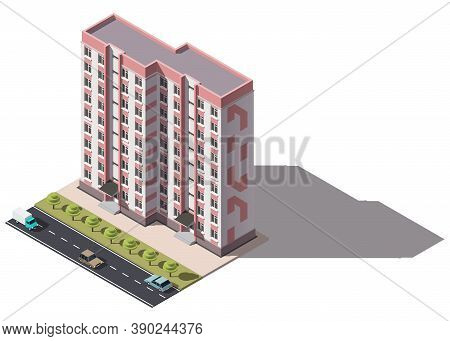Public Residential Nine-storey Building Isometry. Isometric View Of The House And Cars. 3d Object Fo