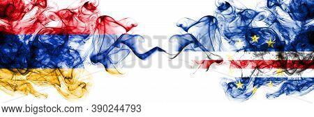 Armenia Vs Cape Verde, Cabo Verde Smoky Mystic Flags Placed Side By Side. Thick Colored Silky Abstra