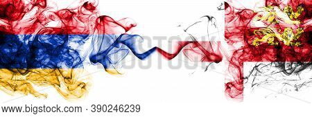 Armenia Vs United Kingdom, Great Britain, British, Sark Smoky Mystic Flags Placed Side By Side. Thic