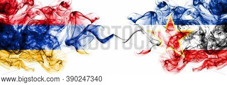 Armenia Vs Yugoslavia, Yugoslavian Smoky Mystic Flags Placed Side By Side. Thick Colored Silky Abstr