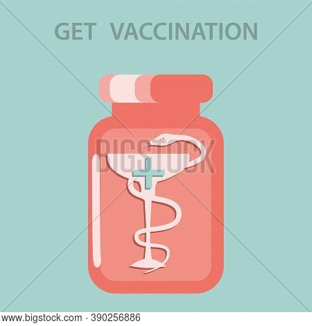 Bottle For Tablets, The Snake Wraps Around The Cup - Vector. Protection Against Viral Infection. Med