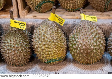 Popular Musang King Durian Variety From Malaysia Display In Supermarket.  Chinese Words Is Translati