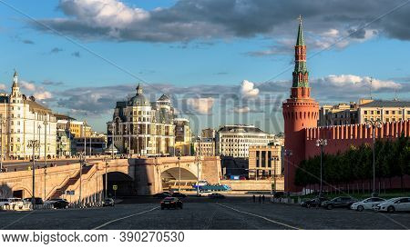 Moscow Cityscape, View From Red Square To Bolshoy Moskvoretsky Bridge, Russia. Famous Old Kremlin On