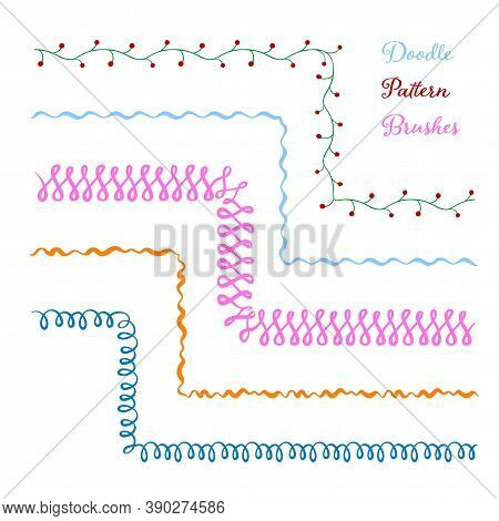 Vector Set Of Five Hand Drawn Brushes With Corner Tiles. Seamless Pattern Of Different Colors For Fr