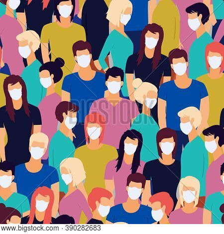Vector Seamless Pattern Of Coronavirus Pandemia. Novel Coronavirus 2019-ncov , Crowd Of People Weari