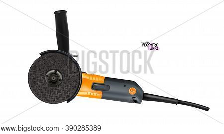 Orange Angle Grinder Electric Isolated On White Background. Realistic Power Tool For Metalworkings A