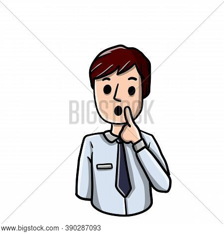 Confused Man. Doubts And Gesture Finger At Hands. Hand-drawn Embarrassed Young Character. Boy In Shi
