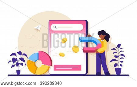 Contextual Advertsing Online Service Or Platform. Woman With A Magnet Attracts Coins. Marketing Camp