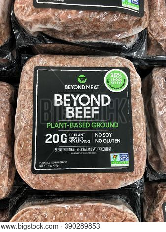 Tel Aviv, Israel - 5 October, 2020: Beyond Meat Brand Plant-based Beyond Beef Packages In The Meat S