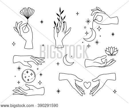 Vector Set Of Female Hand Logos, Icons In Minimal Linear Style. Emblem Design Templates With Hand Ge