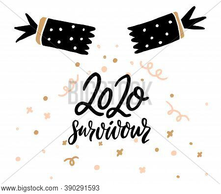 2020 Survivour. Funny Saying Greeting Card With Opened Cracker. Vector Christmas Quote.