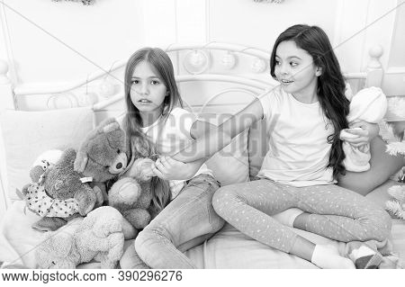 Toys Shop. Cute Soft Toys. Generosity And Greediness. Give It To Me. Kids Play Toys Bed. Little Girl