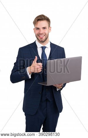 Best Online Courses. Manager Show Thumbs Up Holding Laptop. Running Online Business. Digital Marketi