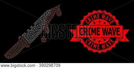 Mesh Net Blood Knife On A Black Background, And Crime Wave Corroded Ribbon Stamp. Red Stamp Contains