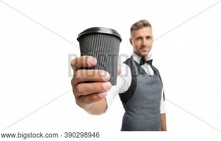 Have Nice Day. Take Your Coffee. Barista In Apron Served Coffee. Coffee Shop Concept. Mature Barista